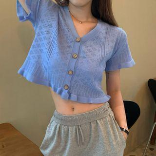 Short-sleeve Ruffle Trim Pointelle Knit Cardigan