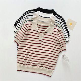 Short-sleeve Two-tone Striped Knit Top