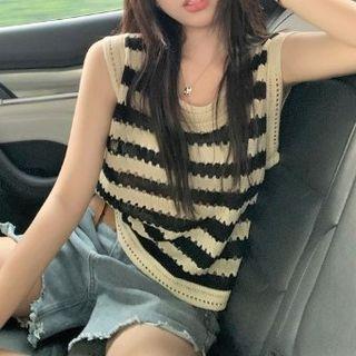 Striped Pointelle Knit Tank Top Black - One Size