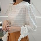 Long-sleeve Tie-cuff Check Cotton Top