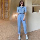 Puff-sleeve Straight Leg Denim Jumpsuit