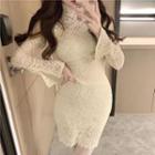 Bell-sleeve Lace Turtleneck Mini Bodycon Dress