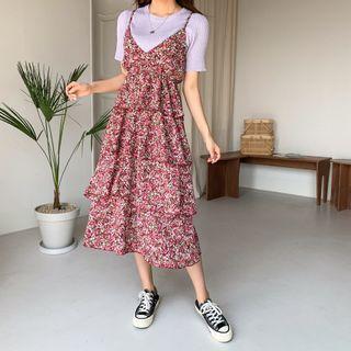 Floral Print Layered Pinafore Dress Pink - One Size