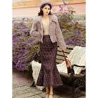 Fluffy Jacket / Ribbed Knit Top / Floral Print Midi A-line Skirt / Set