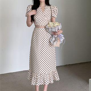 Puff-sleeve Dotted Blouse / Midi Pencil Skirt