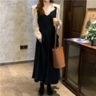 Plain Long-sleeve Peter Pan Collar Shirt / Pleated Sling Dress