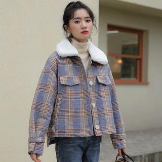 Faux Fur Trim Plaid Shirt Jacket