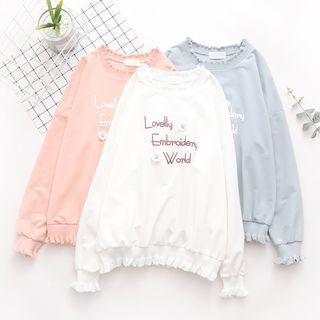 Flower Applique Ruffle Trim Pullover
