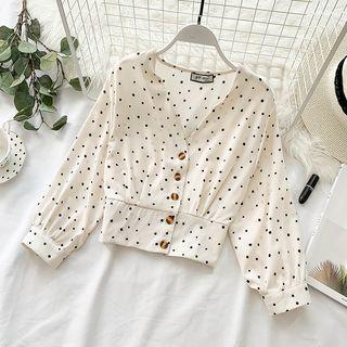 Cropped V-neck Polka Dot Shirt