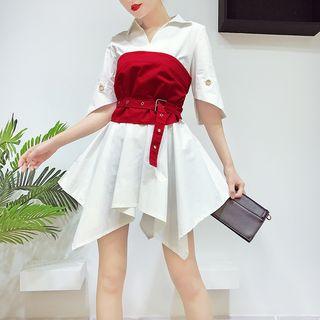 Elbow-sleeve A-line Dress With Belt