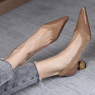 Block Heel Paneled Pointy Pumps
