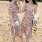 Puff-sleeve Floral Print A-line Dress / Spaghetti Strap Dress