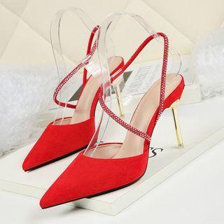 Rhinestone Ankle-strap Pointy-toe High-heel Mules