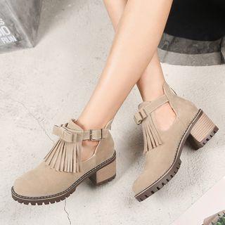 Bow Detail Fringed Block Heel Ankle Boots