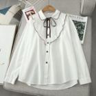 Long Sleeve Frilled Ribbon Bow Shirt White - One Size