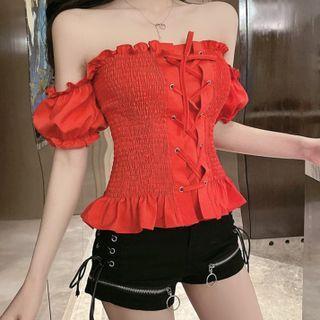 Short-sleeve Off-shoulder Lace-up Top / Shorts