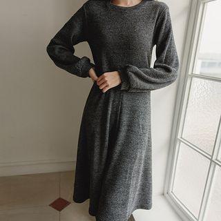Bishop-sleeve Napped Midi Flare Dress