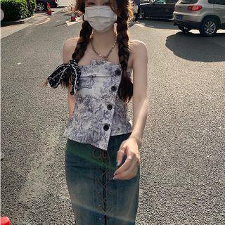Strapless Printed Top / Plain Cardigan