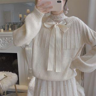 Bow-accent Sweater Beige - One Size