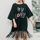 Lettering Elbow Sleeve Fringed T-shirt