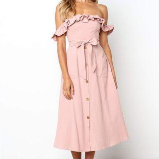 Ruffle Trim Off-shoulder Button Midi A-line Dress