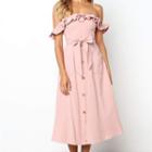 Ruffle Trim Off-shoulder Button Midi A-line Dress