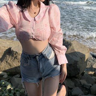 Floral Print Cropped Blouse Pink - One Size