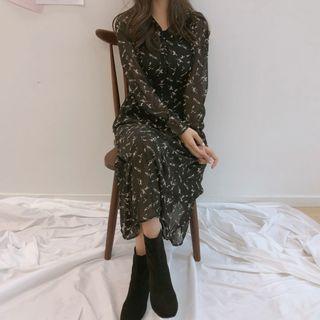 Floral Print Bell-sleeve Maxi A-line Chiffon Dress
