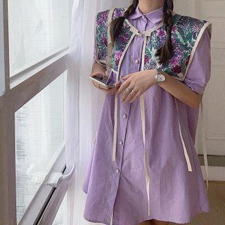 Short-sleeve Printed Panel A-line Mini Shirtdress