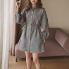 Piped Houndstooth Long-sleeve Shirt Dress