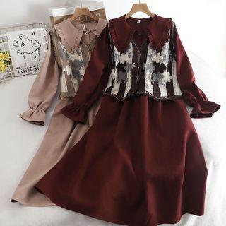 Set: Floral Embroidery Vest / Plain Long-sleeve Dress