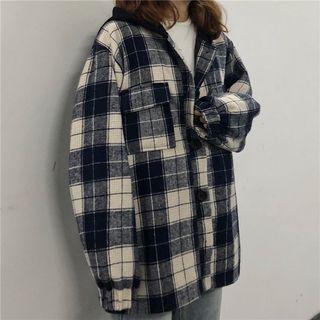 Plaid Mock Two-piece Hooded Jacket As Shown In Figure - One Size