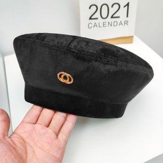 Metal-accent Velvet Beret E-301 - Black - One Size