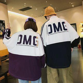 Mock Neck Color Block Lettering Zip Jacket