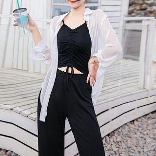 Set: Chiffon Shirt + Sleeveless Ruched Top + Wide-leg Pants