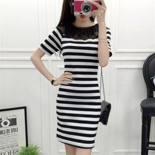 Lace Yoke Striped Short Sleeve Sheath Dress