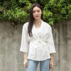 3/4-sleeve Stripe Robe Blazer White - One Size