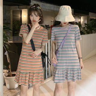 Short Sleeve Striped Ruffled Hem Dress