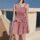 Set: Plaid Crinkle Camisole Top + Wide-leg Shorts Plaid - Pink - One Size