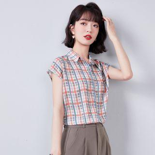 Cap-sleeve Plaid Chiffon Shirt