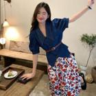 Short-sleeve Belted Denim Shirt / Floral Print Midi Skirt