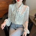 Long-sleeve Bow Neck Dotted Blouse
