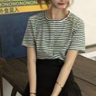 Short-sleeve Button Striped T-shirt