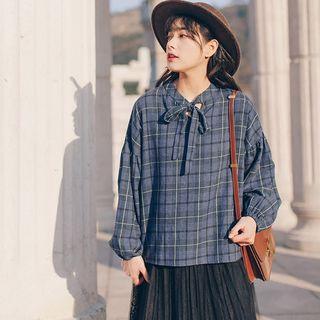 Long-sleeved Loose-fit Straight Gingham Blouse