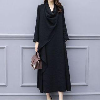 Long-sleeve Draped Midi Shift Dress