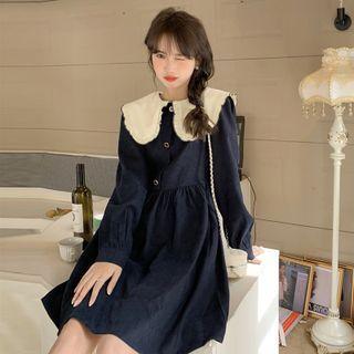 Long-sleeve Peter Pan Collar A-line Dress Navy Blue - One Size
