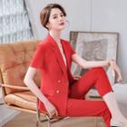 Set: Short-sleeve Double-breasted Blazer + Dress Pants + Camisole Top