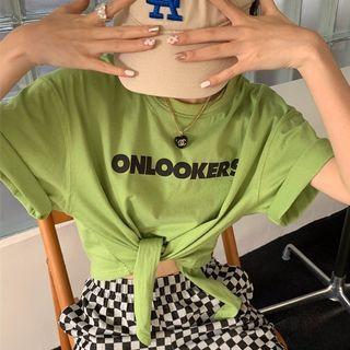 Lettering Tie-hem Cropped T-shirt