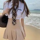 Puff-sleeve Applique Crop Shirt / Mini Pleated Skirt / Plaid Tie / Set