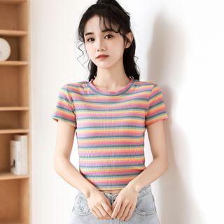 Short-sleeve Rainbow Stripe Cropped T-shirt